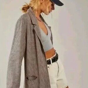 Free People Houndstooth Beckett Boyfriend Blazer Beige Brick Combo (S)